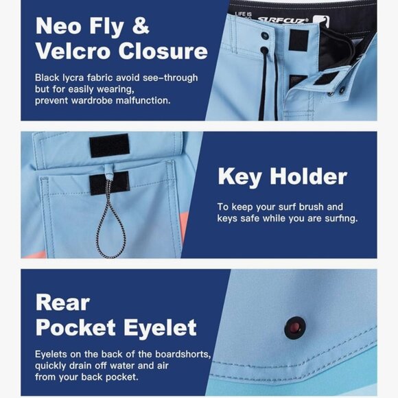 Men's Board/Swim Shorts. 4-way Stretch. UPF50. Key Holder. Surf Cuz 30" - Picture 5 of 13